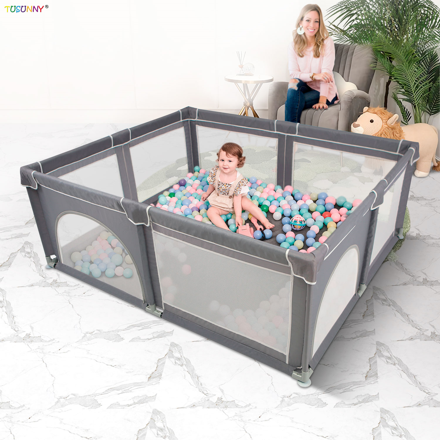 SH1.412D Baby Playpen Extra Large Infant Playard with Gates Portable Babys Fence Indoor Outdoor Toddler Play Pen Activity Park